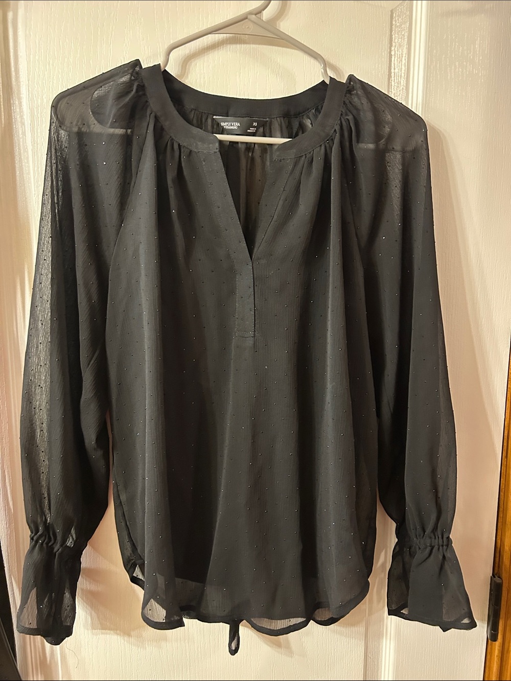 Black Sheer Long-Sleeve Blouse with Dotted Texture and built in cami.